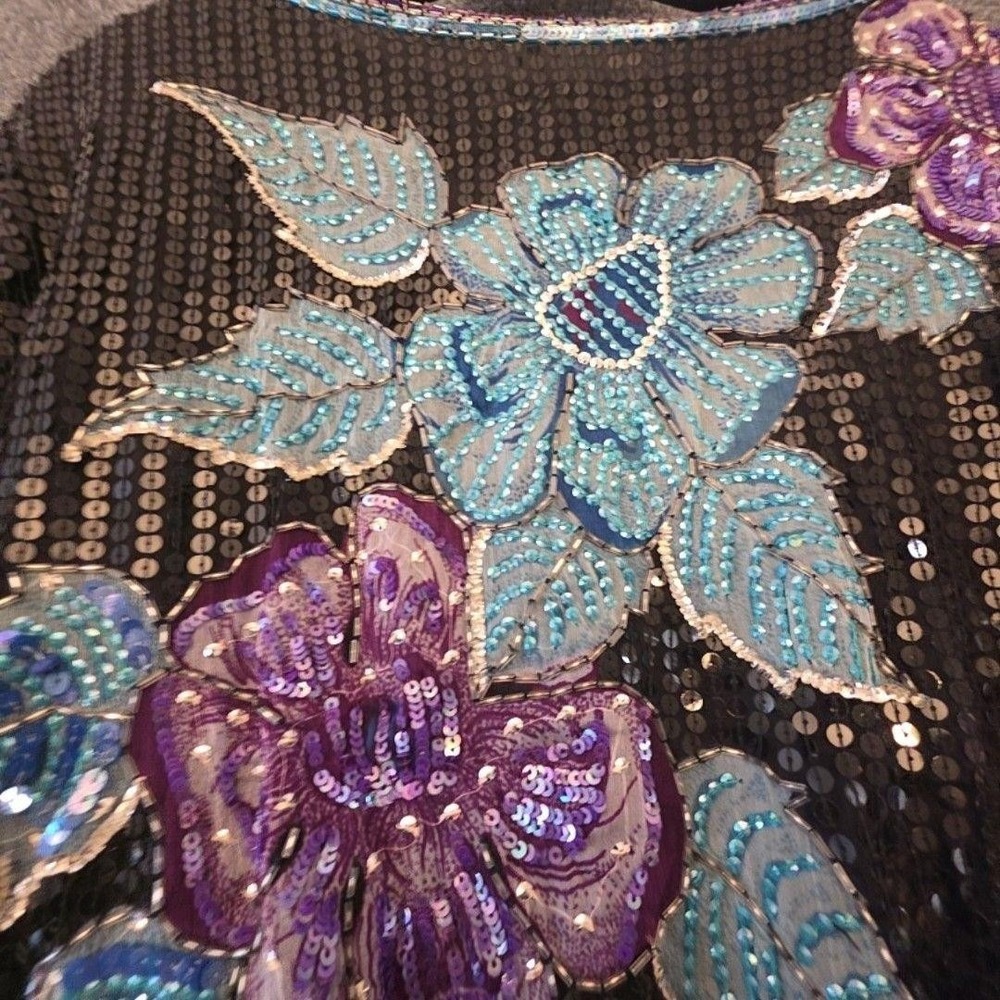 Fantasy by Lisa Kane Sequin Blouse Women's Medium Multicolor Beaded Floral Vtg View 3